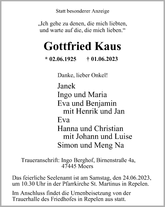 Traueranzeige von Gottfried Kaus von Tageszeitung