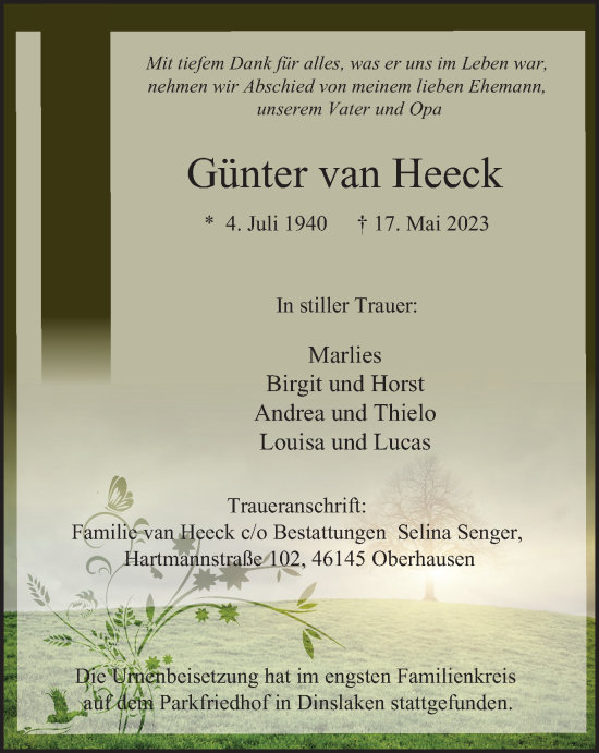 Traueranzeige von Günter van Heeck von Tageszeitung