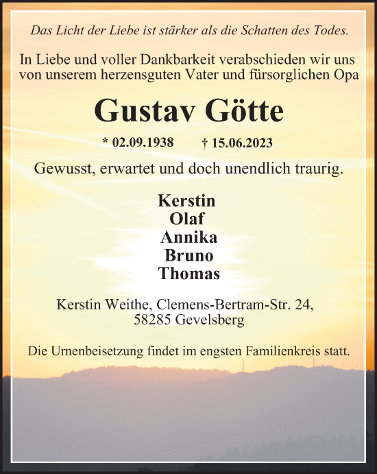 Traueranzeige von Gustav Götte von Tageszeitung