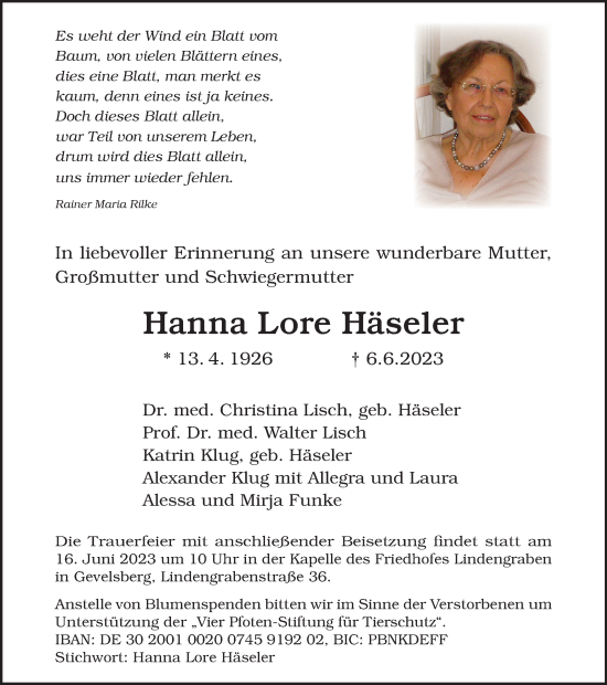 Traueranzeige von Hanna Lore Häseler von Tageszeitung