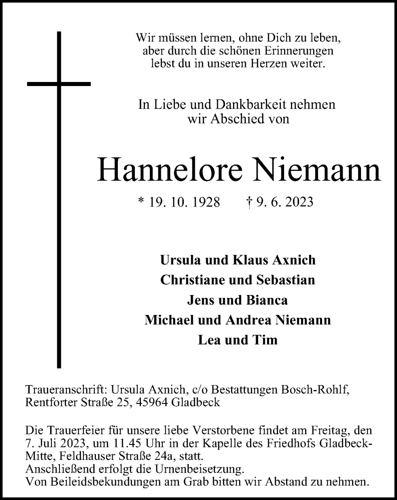  Traueranzeige für Hannelore Niemann vom 01.07.2023 aus Tageszeitung