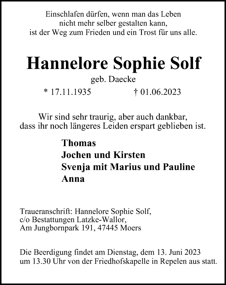  Traueranzeige für Hannelore Sophie Solf vom 07.06.2023 aus Tageszeitung