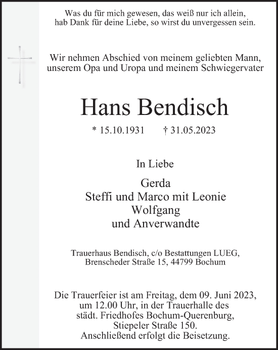 Traueranzeige von Hans Bendisch von Tageszeitung