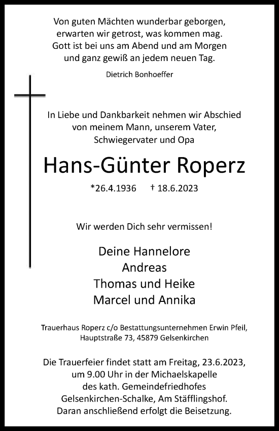 Traueranzeige von Hans-Günter Roperz von Tageszeitung