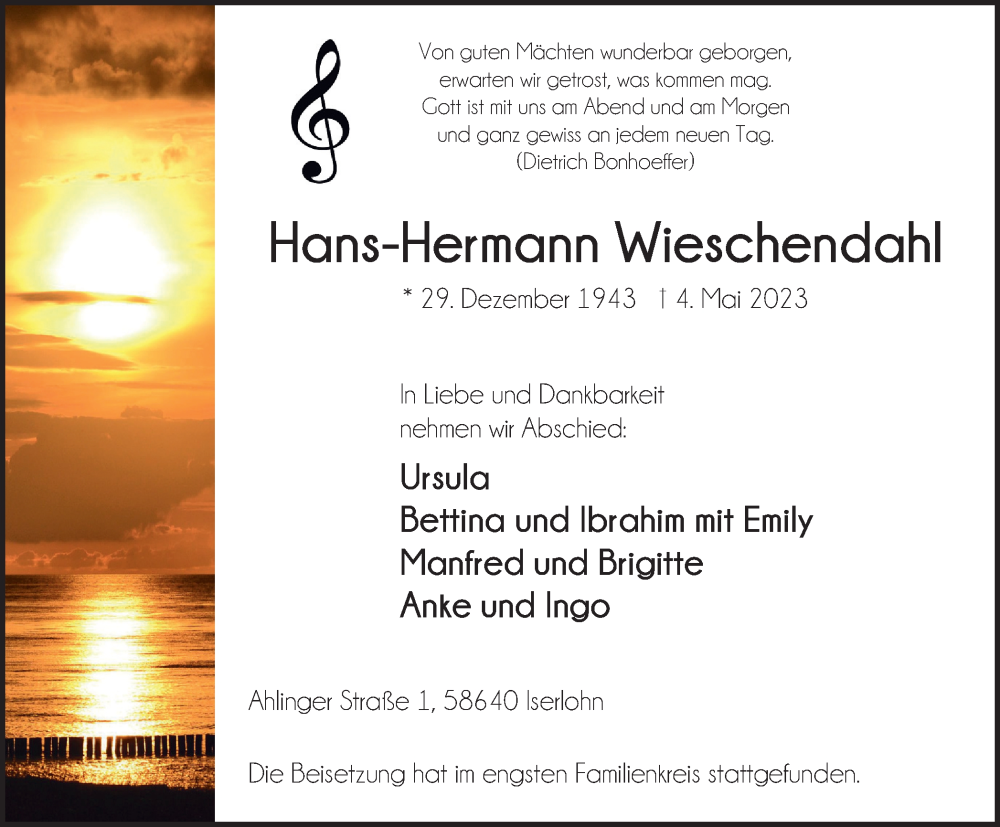  Traueranzeige für Hans-Hermann Wieschendahl vom 03.06.2023 aus Tageszeitung