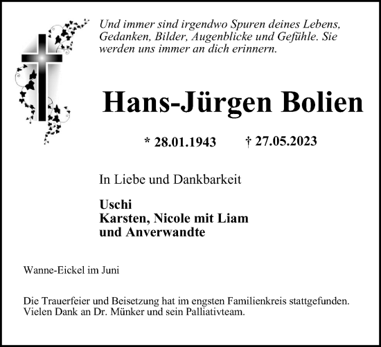 Traueranzeige von Hans-Jürgen Bolien von Tageszeitung
