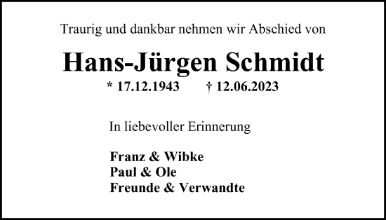 Traueranzeige von Hans-Jürgen Schmidt von Tageszeitung