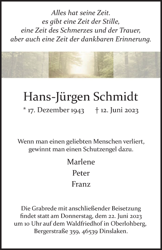 Traueranzeige von Hans-Jürgen Schmidt von Tageszeitung