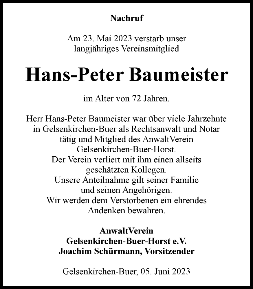  Traueranzeige für Hans-Peter Baumeister vom 07.06.2023 aus Tageszeitung