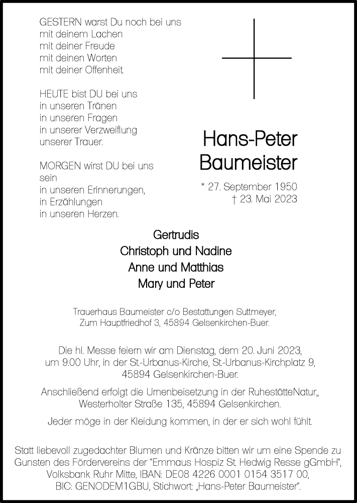 Traueranzeige für Hans-Peter Baumeister vom 03.06.2023 aus Tageszeitung
