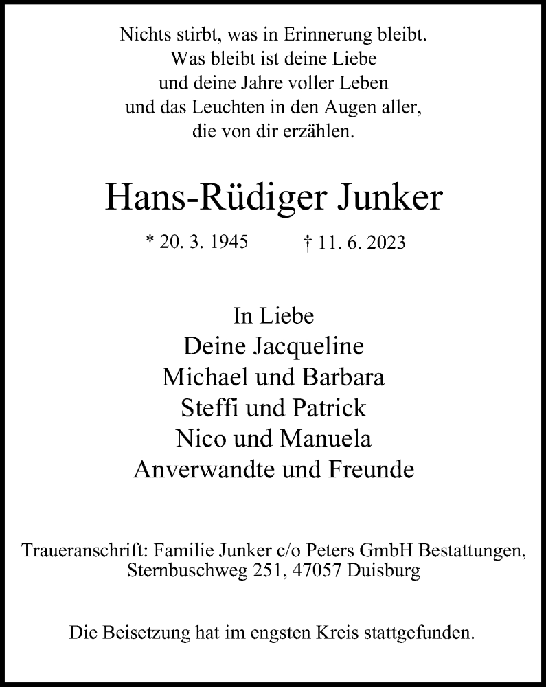  Traueranzeige für Hans-Rüdiger Junker vom 01.07.2023 aus Tageszeitung