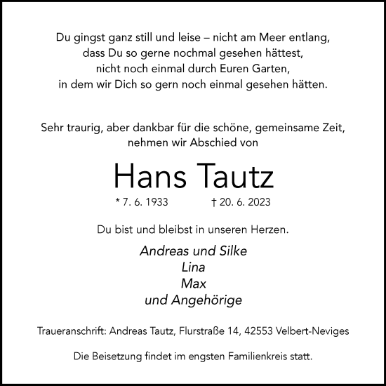Traueranzeige von Hans Tautz von Tageszeitung