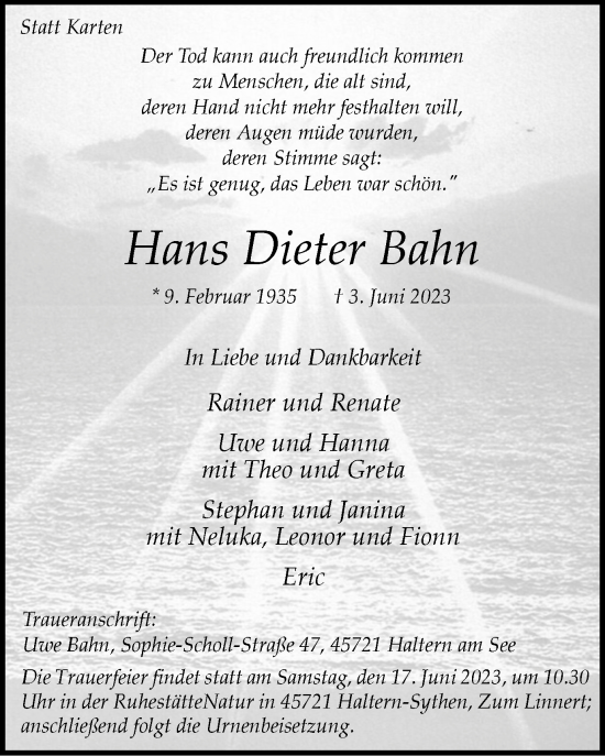 Traueranzeige von Hans Dieter Bahn von Tageszeitung