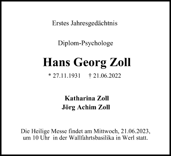Traueranzeige von Hans Georg Zoll von Tageszeitung