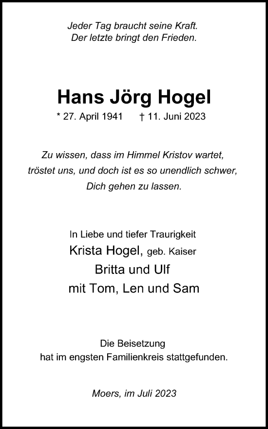 Traueranzeige von Hans Jörg Hogel von Tageszeitung