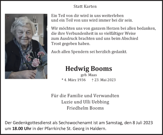 Traueranzeige von Hedwig Booms von Tageszeitung