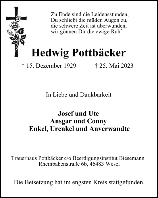 Traueranzeige von Hedwig Pottbäcker von Tageszeitung