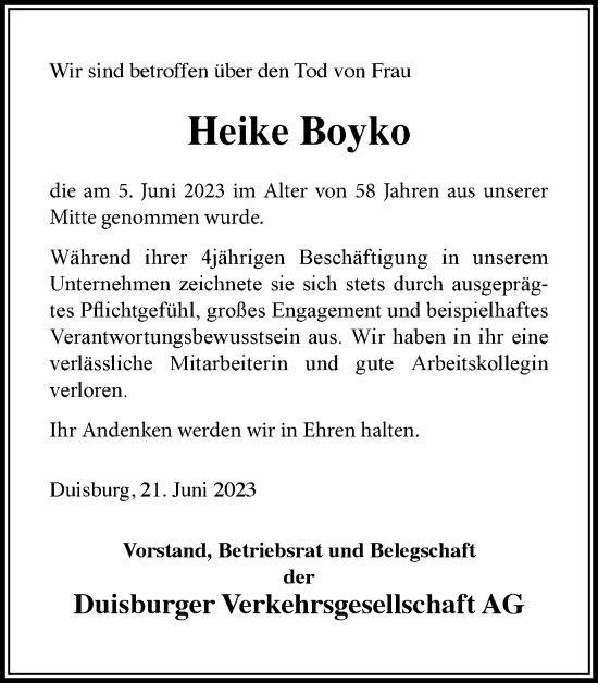 Traueranzeige von Heike Boyko von Tageszeitung
