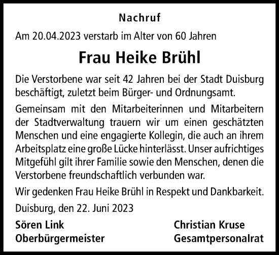 Traueranzeige von Heike Brühl von Tageszeitung