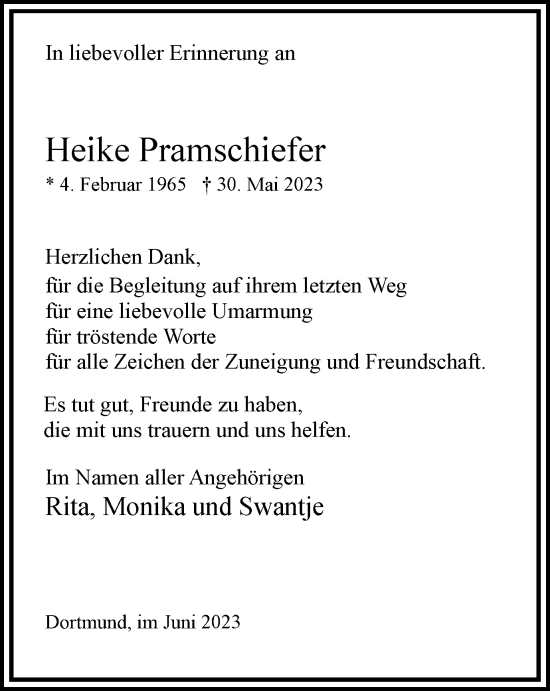 Traueranzeige von Heike Pramschiefer von Tageszeitung