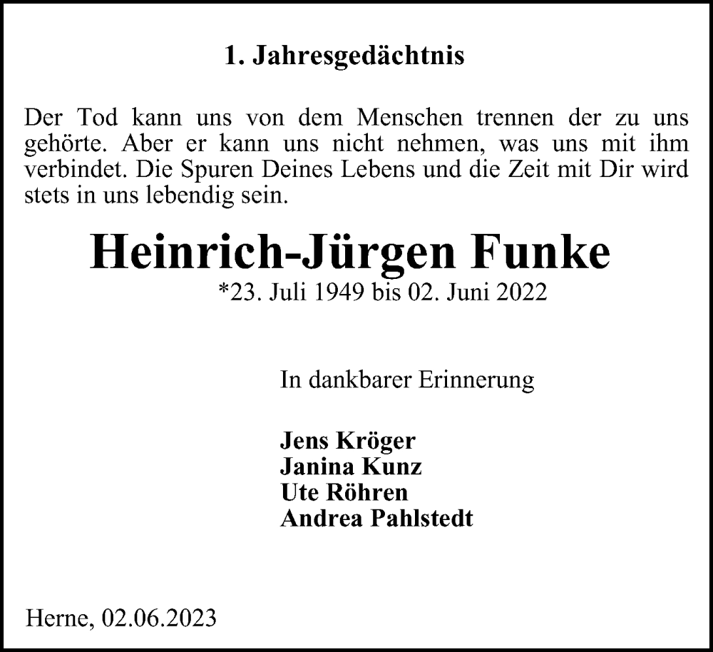  Traueranzeige für Heinrich-Jürgen Funke vom 02.06.2023 aus Tageszeitung