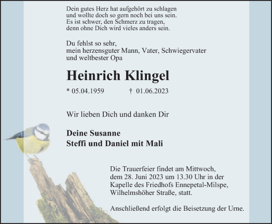 Traueranzeige von Heinrich Klingel von Tageszeitung
