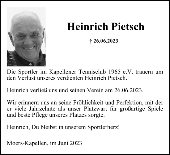 Traueranzeige von Heinrich Pietsch von Tageszeitung