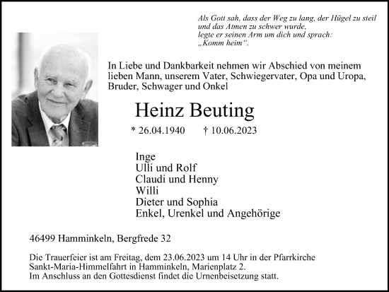 Traueranzeige von Heinz Beuting von Tageszeitung