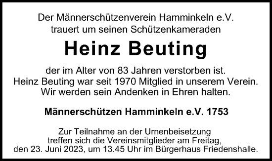 Traueranzeige von Heinz Beuting von Tageszeitung