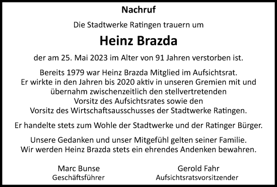 Traueranzeige von Heinz Brazda von Tageszeitung