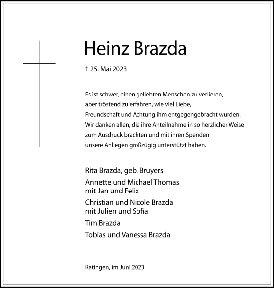 Traueranzeige von Heinz Brazda von Tageszeitung