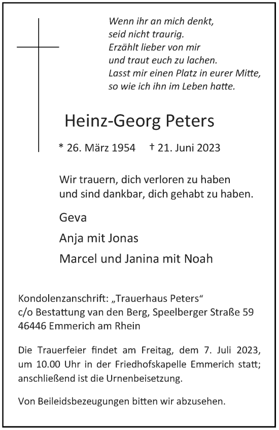 Traueranzeige von Heinz-Georg Peters von Tageszeitung