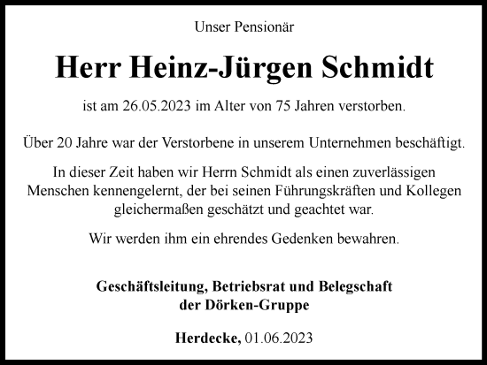 Traueranzeige von Heinz-Jürgen Schmidt von Tageszeitung