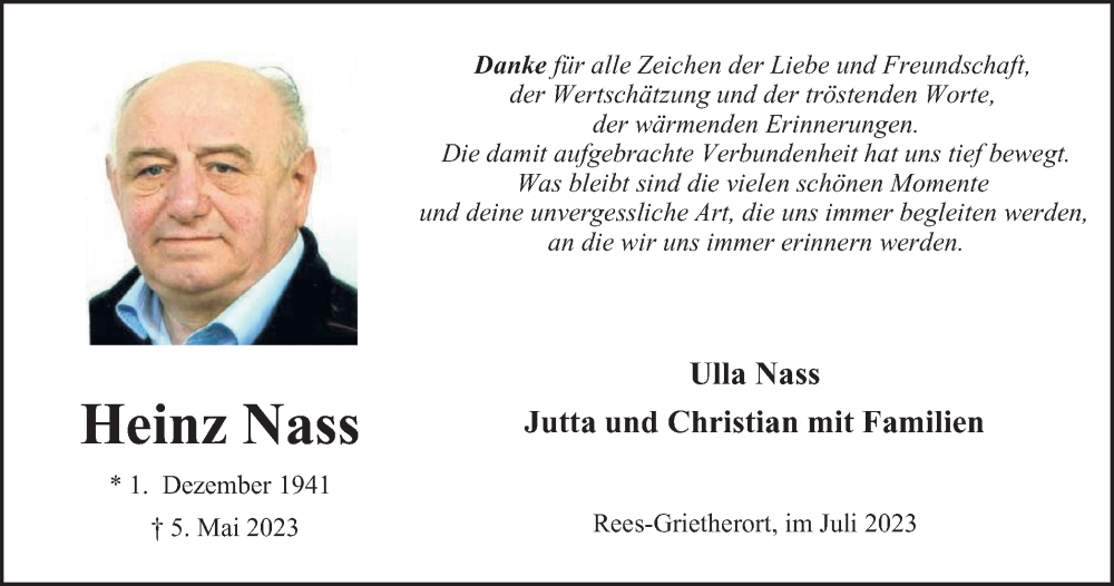  Traueranzeige für Heinz Nass vom 01.07.2023 aus Tageszeitung