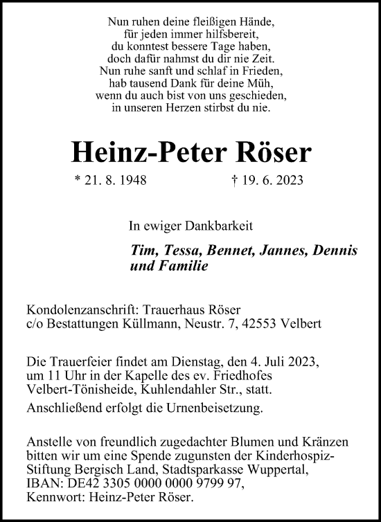 Traueranzeige von Heinz-Peter Röser von Tageszeitung
