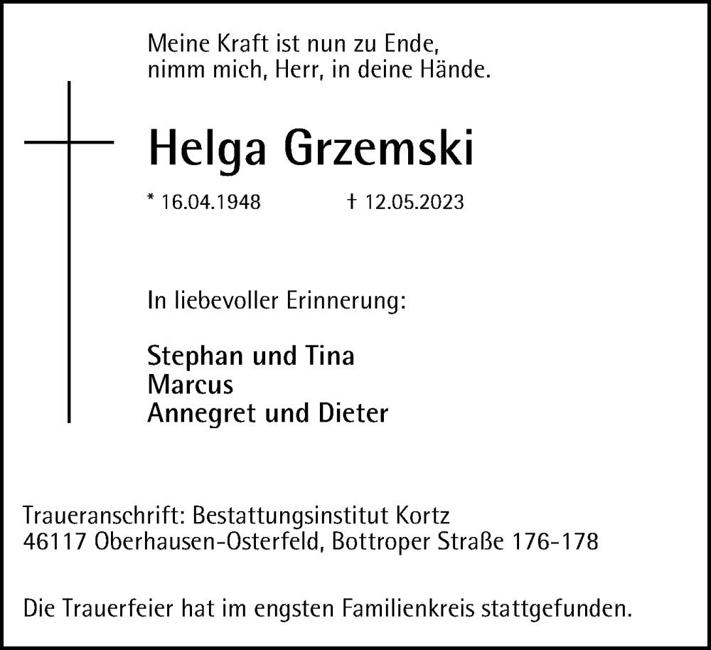  Traueranzeige für Helga Grzemski vom 03.06.2023 aus Tageszeitung