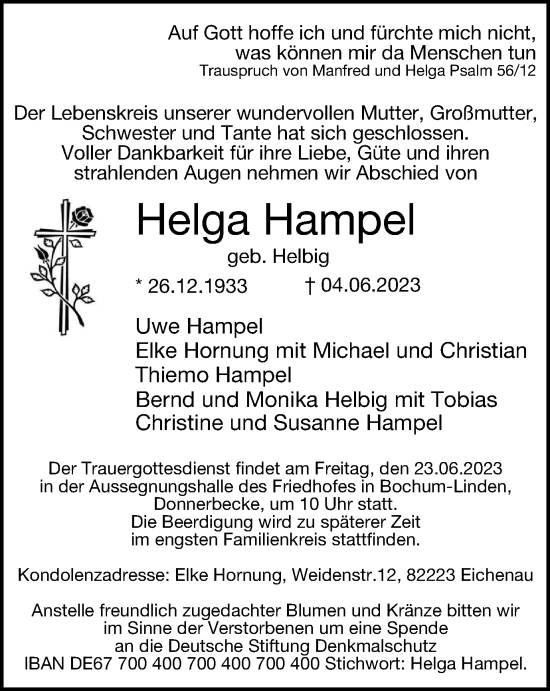 Traueranzeige von Helga Hampel von Tageszeitung