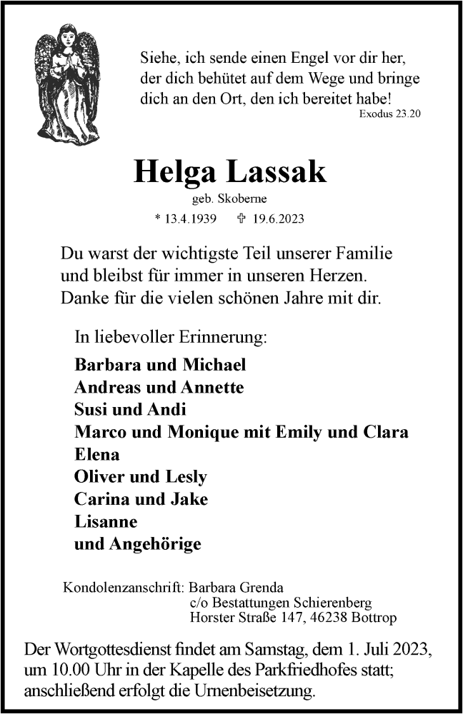  Traueranzeige für Helga Lassak vom 24.06.2023 aus Tageszeitung