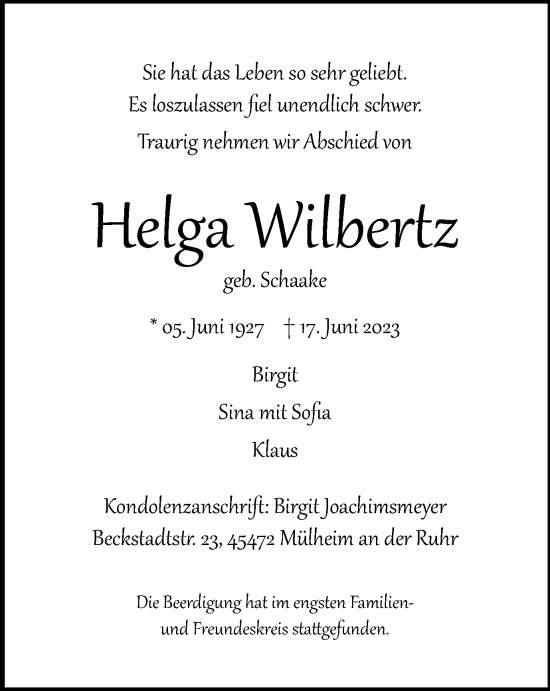 Traueranzeige von Helga Wilbertz von Tageszeitung
