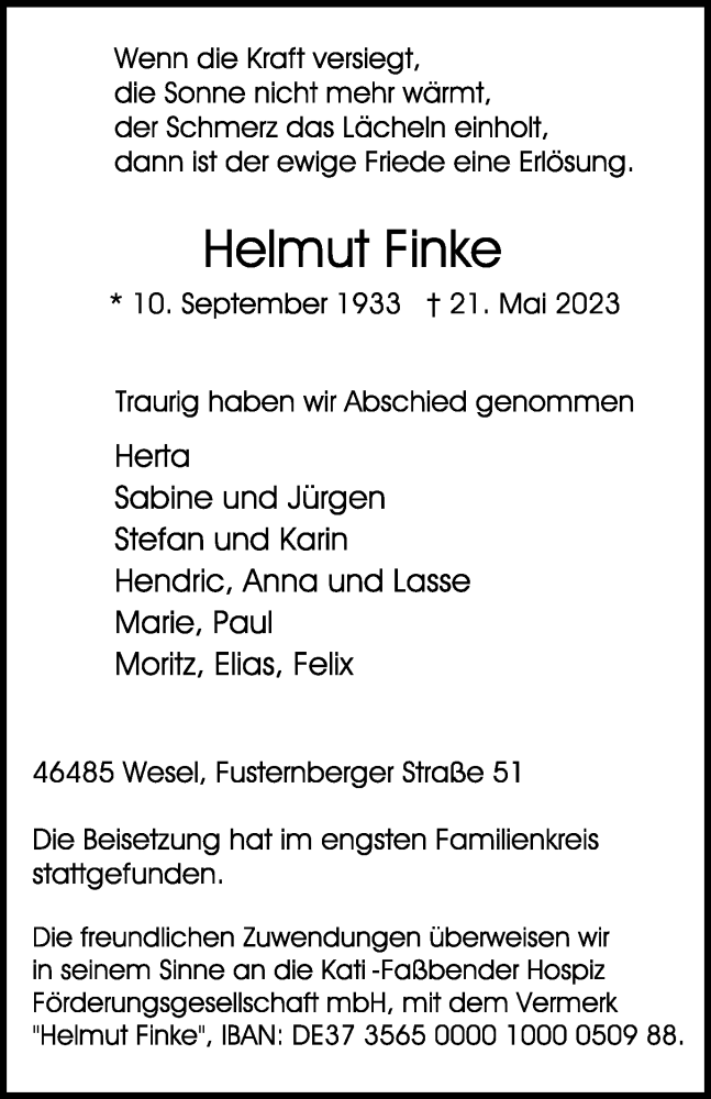 Traueranzeige für Helmut Finke vom 10.06.2023 aus Tageszeitung