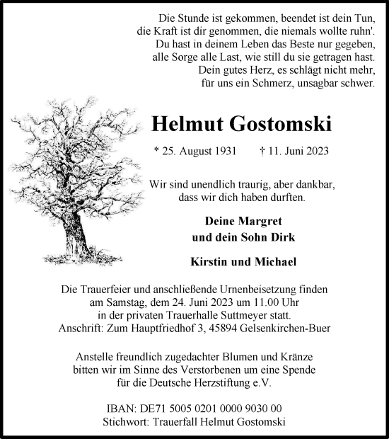 Traueranzeige von Helmut Gostomski von Tageszeitung