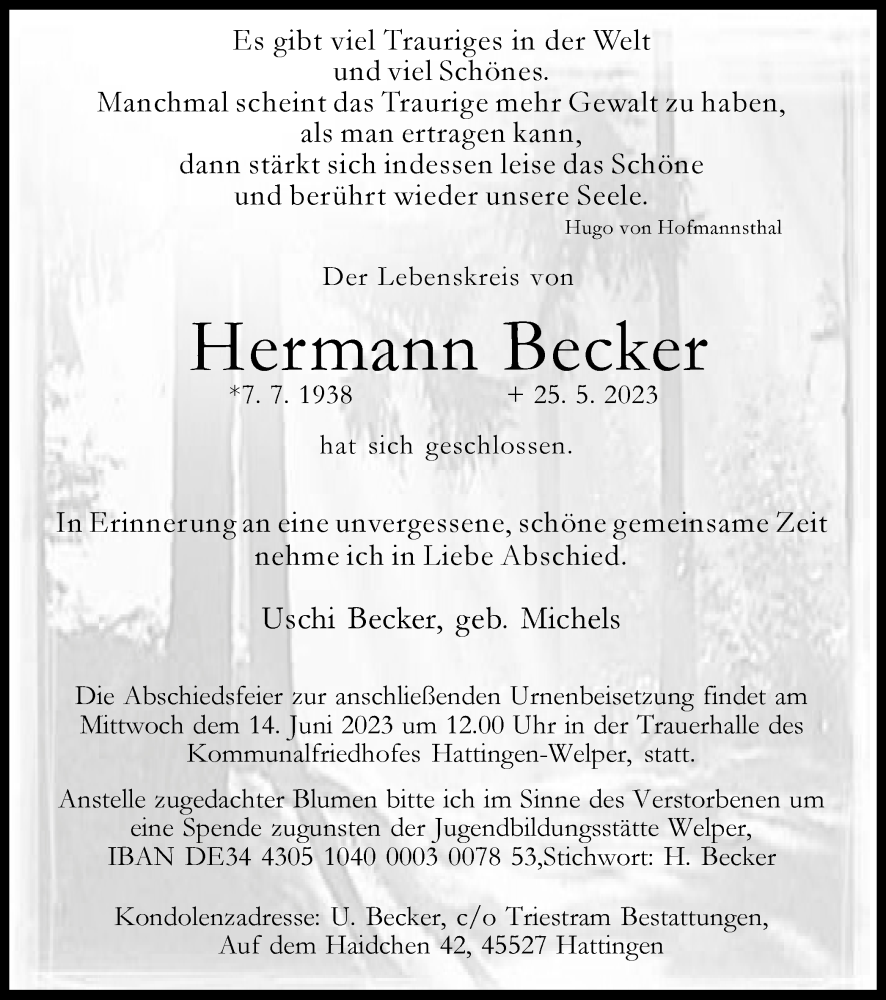  Traueranzeige für Hermann Becker vom 10.06.2023 aus Tageszeitung