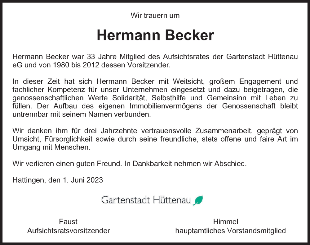  Traueranzeige für Hermann Becker vom 10.06.2023 aus Tageszeitung