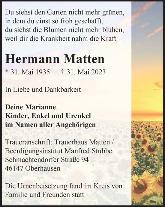 Traueranzeigen von Hermann Matten TrauerinNRW.de