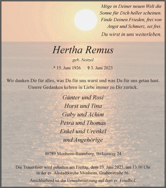 Traueranzeige von Hertha Remus von Tageszeitung