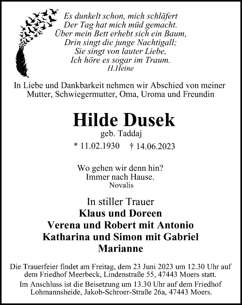  Traueranzeige für Hilde Dusek vom 20.06.2023 aus Tageszeitung