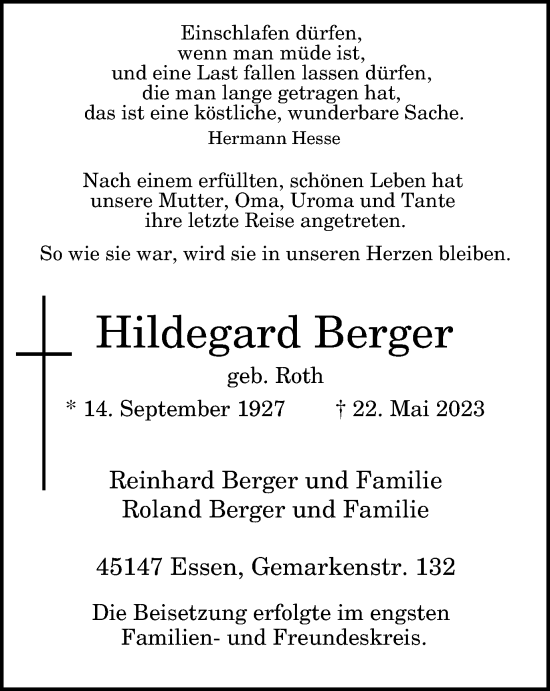 Traueranzeige von Hildegard Berger von Tageszeitung