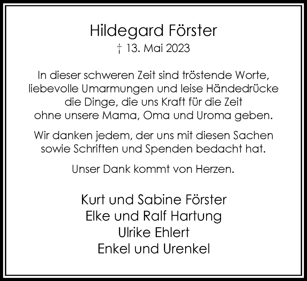  Traueranzeige für Hildegard Förster vom 16.06.2023 aus Tageszeitung