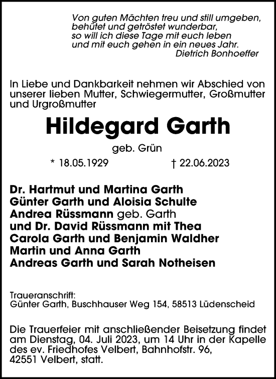 Traueranzeige von Hildegard Garth von Tageszeitung