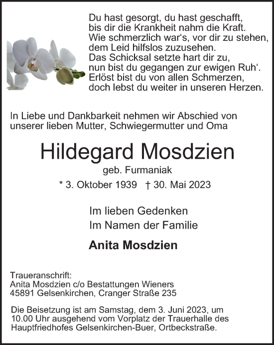 Traueranzeige von Hildegard Mosdzien von Tageszeitung